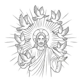 Desenho para colorir com Jesus abençoando crianças ao ar livre, com árvores ao fundo e sorrisos serenos — ideal para imprimir grátis e ensinar valores cristãos com atividades criativas.