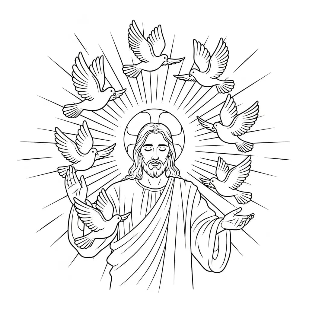 Desenho para colorir com Jesus abençoando crianças ao ar livre, com árvores ao fundo e sorrisos serenos — ideal para imprimir grátis e ensinar valores cristãos com atividades criativas.