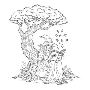 Bruxa lendo um antigo livro de feitiços sob uma árvore retorcida