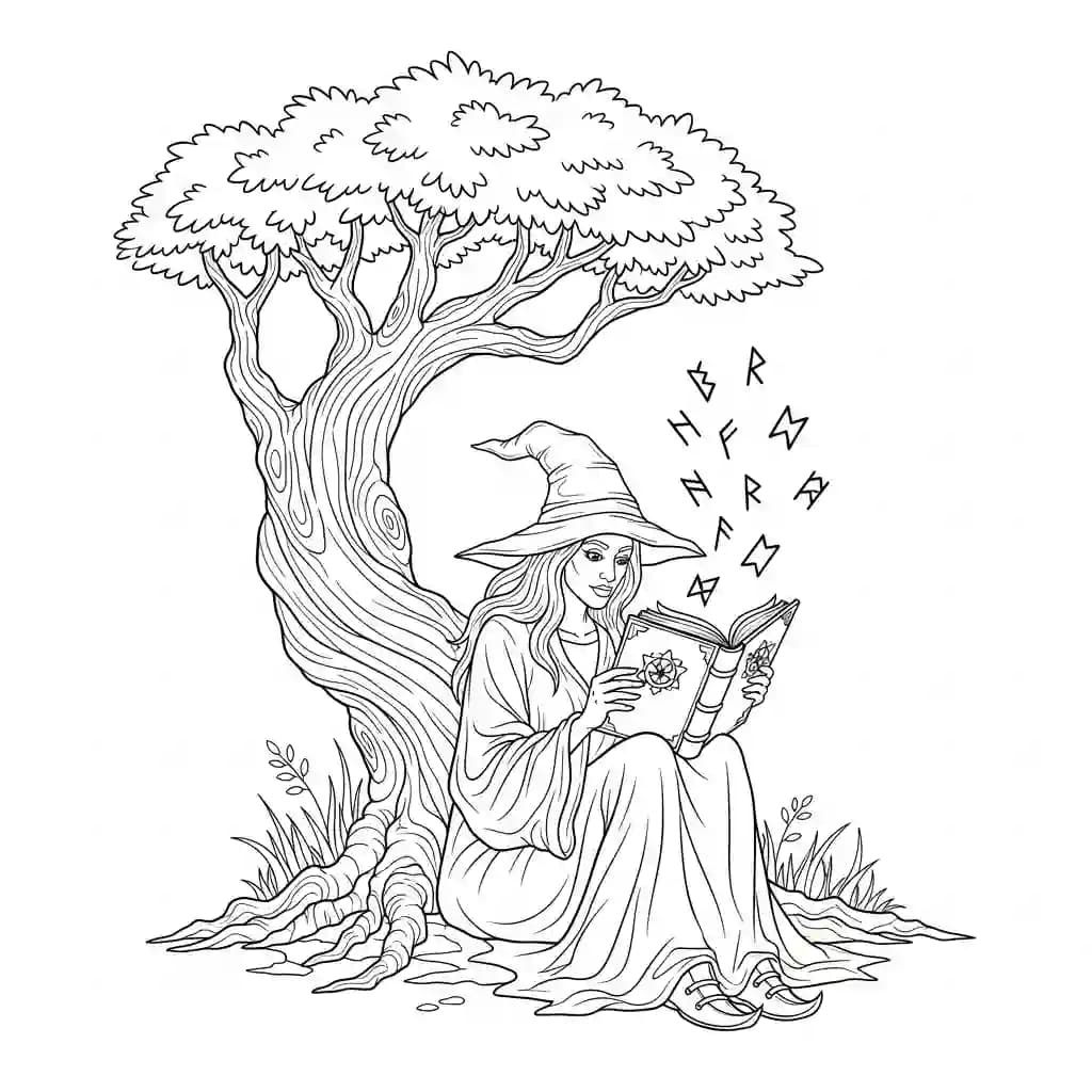 Bruxa lendo um antigo livro de feitiços sob uma árvore retorcida