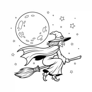 Bruxa voando em uma vassoura diante da lua cheia