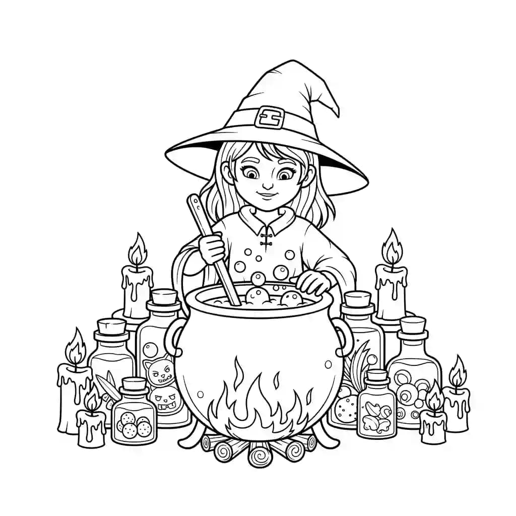 Jovem bruxinha preparando poção mágica em caldeirão