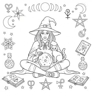 Bruxa com bola de cristal e gato preto ao lado.