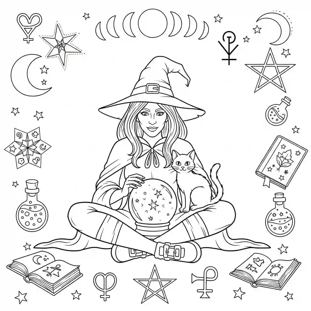 Bruxa com bola de cristal e gato preto ao lado.