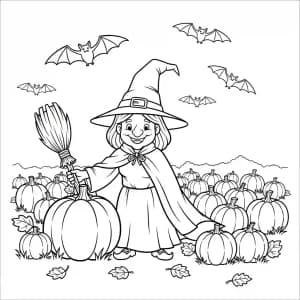 Bruxa em campo de abóboras à noite com morcegos voando