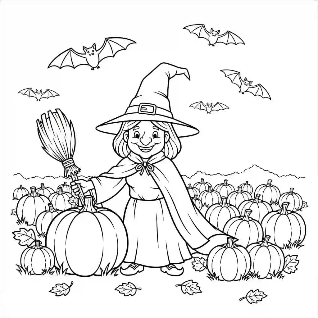 Bruxa em campo de abóboras à noite com morcegos voando