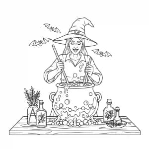 Bruxa mexendo caldeirão com morcegos voando ao redor