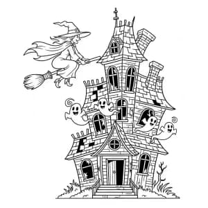 Bruxa voando sobre uma casa assombrada com fantasmas nas janelas