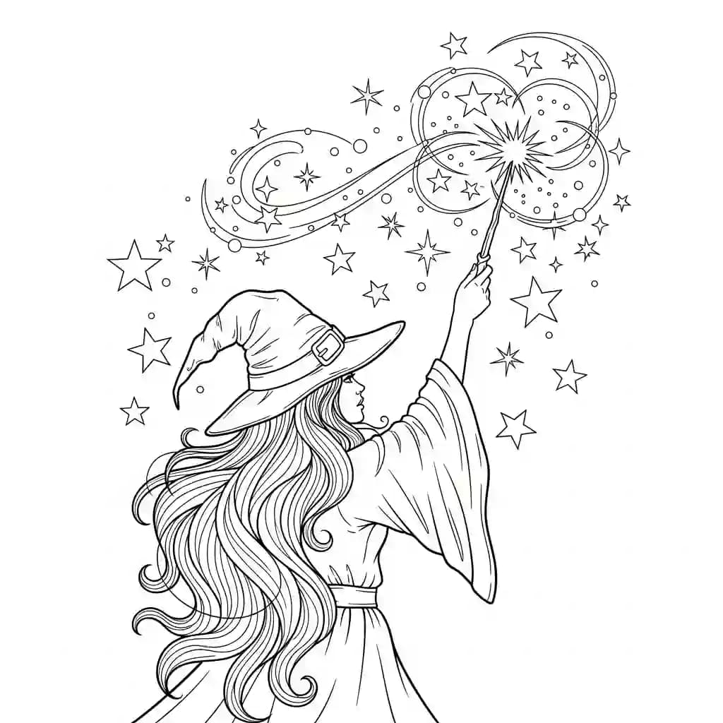 Bruxa de cabelos longos lançando feitiço com varinha