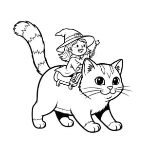 Pequena bruxinha montada nas costas de um gato gigante.