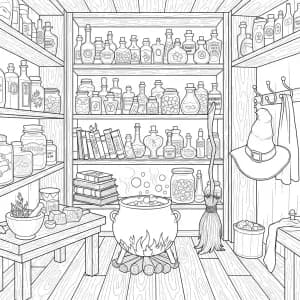 Loja de poções mágicas com frascos e livros de feitiços.