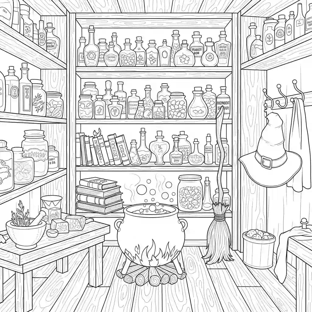 Loja de poções mágicas com frascos e livros de feitiços.