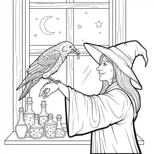 Bruxa alimentando seu corvo de estimação junto à janela.