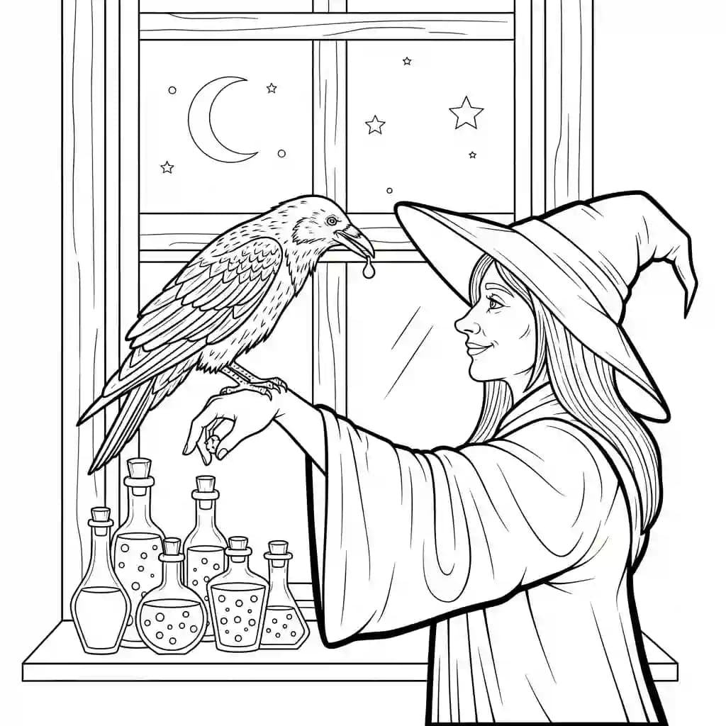 Bruxa alimentando seu corvo de estimação junto à janela.