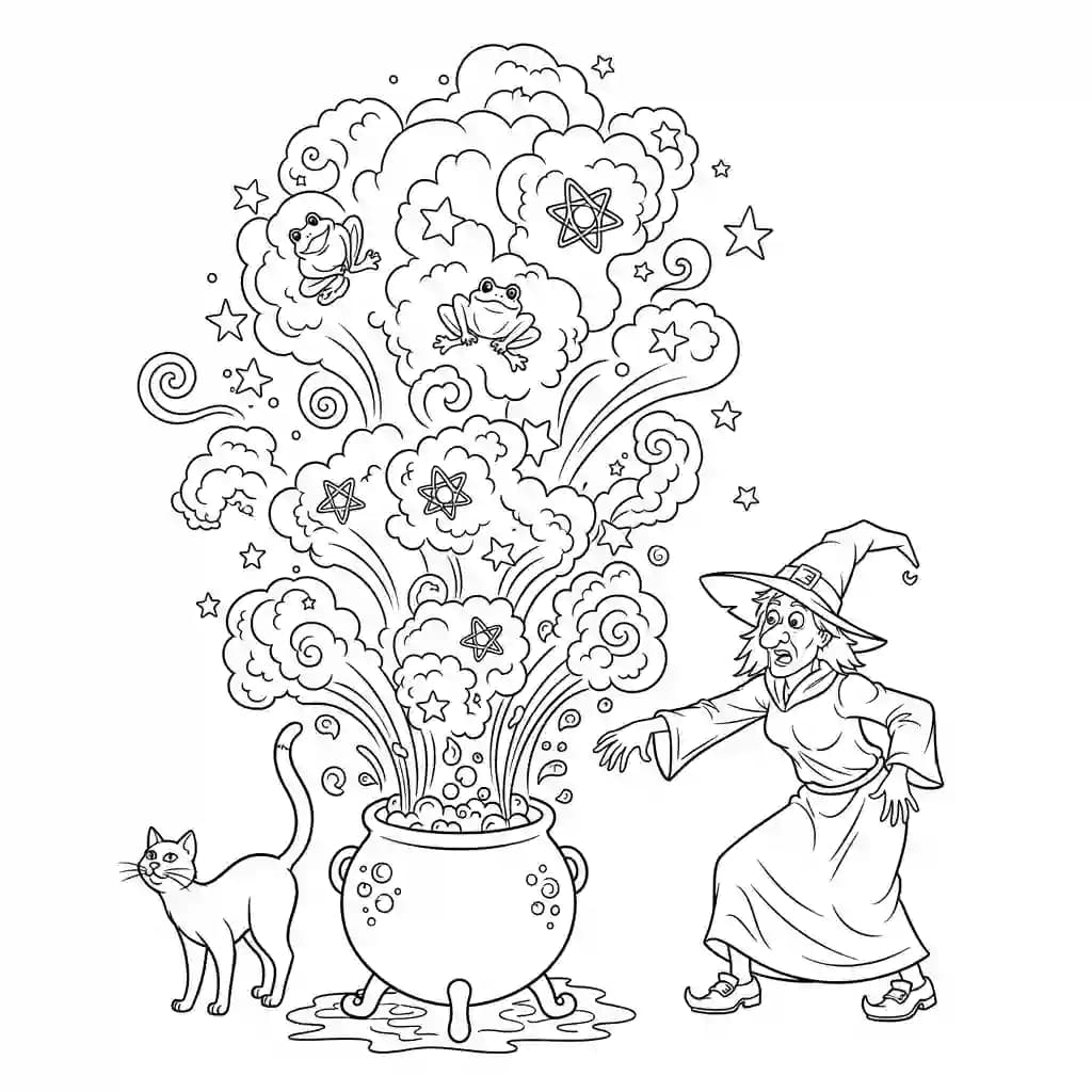 Caldeirão de bruxa explodindo com fumaça mágica.