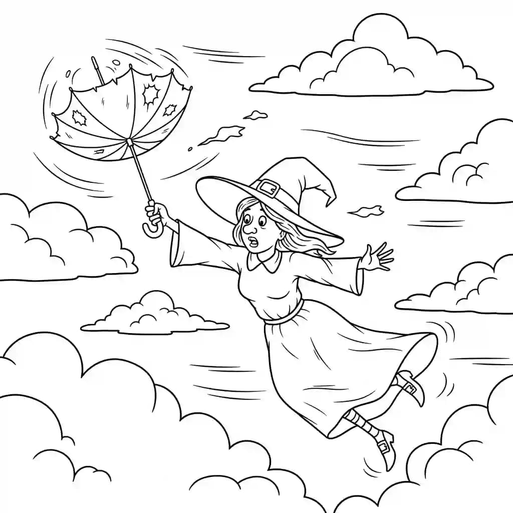 Bruxa voando com guarda-chuva em vez de vassoura
