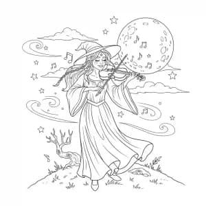 Bruxa tocando violino sob a luz da lua cheia.