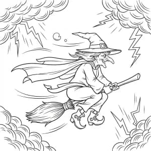 Bruxa voando em meio a nuvens de tempestade com relâmpagos.