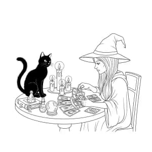 Bruxa lendo cartas de tarô à luz de velas com gato ao lado.