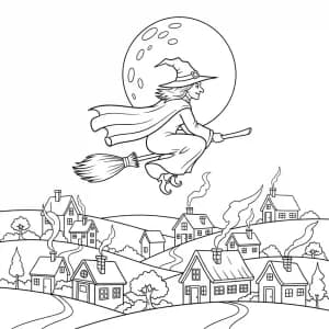 Bruxa voando silenciosamente sobre vila adormecida.