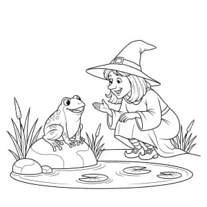 Bruxa conversando com sapo próximo ao lago.