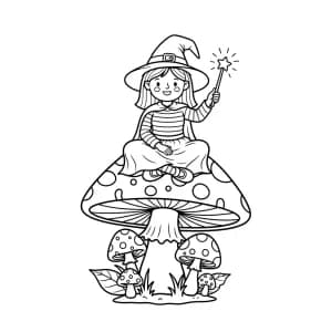 Bruxinha sentada sobre cogumelo gigante com varinha.