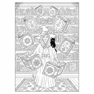 Bruxa cercada por livros encantados flutuando.
