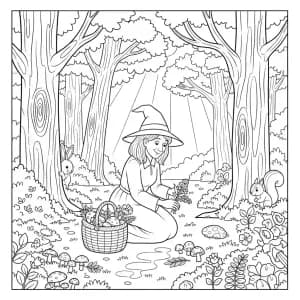 Bruxa colhendo ervas e flores mágicas na floresta.