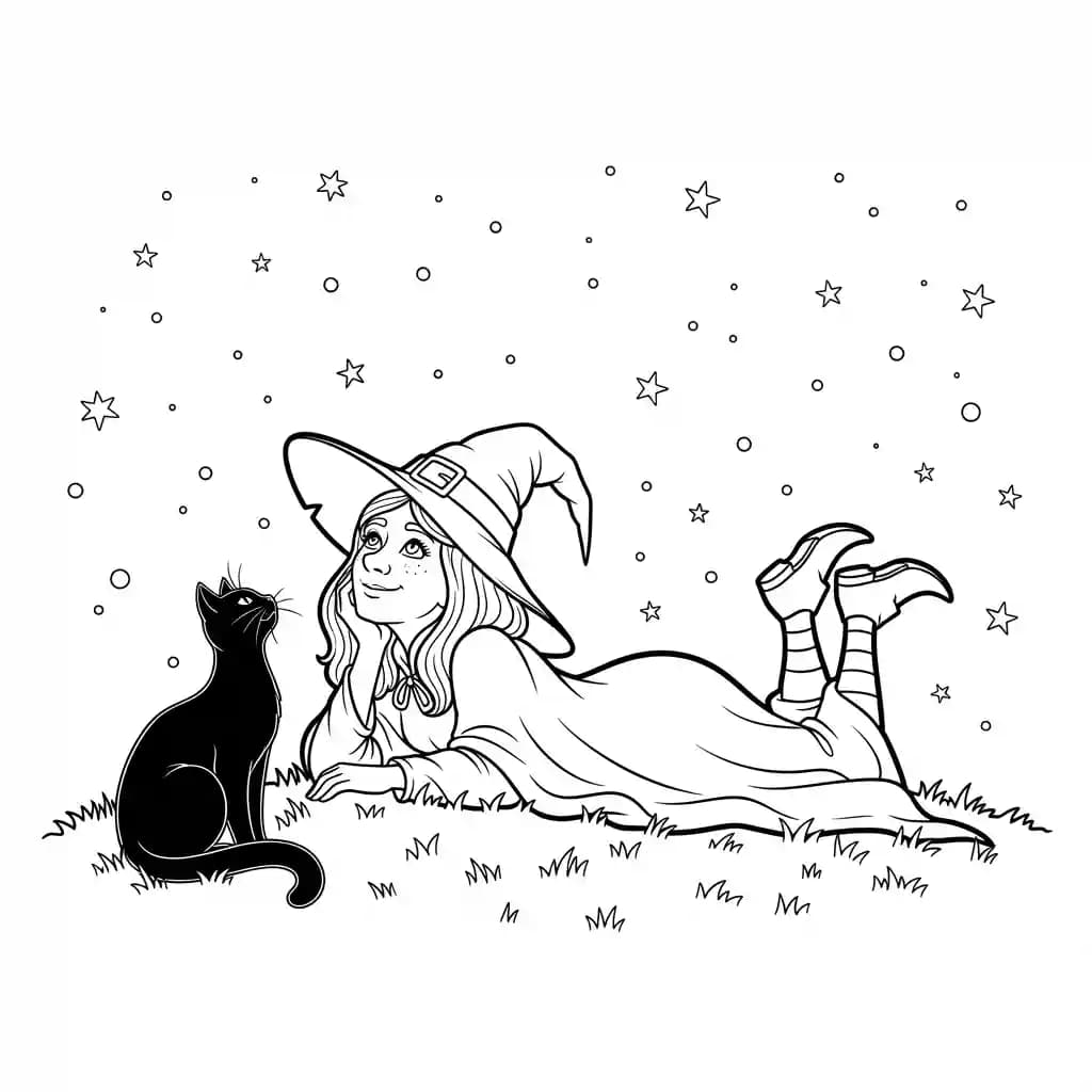 Bruxa observando estrelas ao lado de seu gato preto.