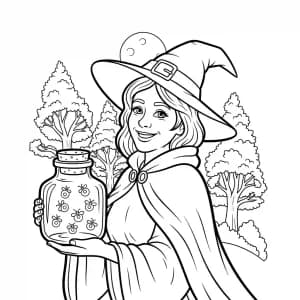 Bruxa segurando pote com vagalumes brilhando na noite.