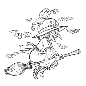 Bruxa voando com chapéu de abóbora e morcegos ao redor.