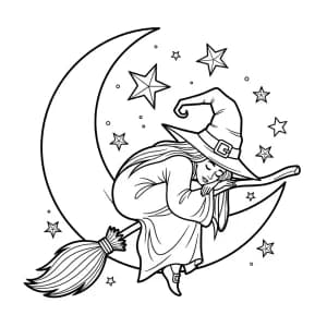 Bruxa dormindo sobre a lua crescente com estrelas ao redor.