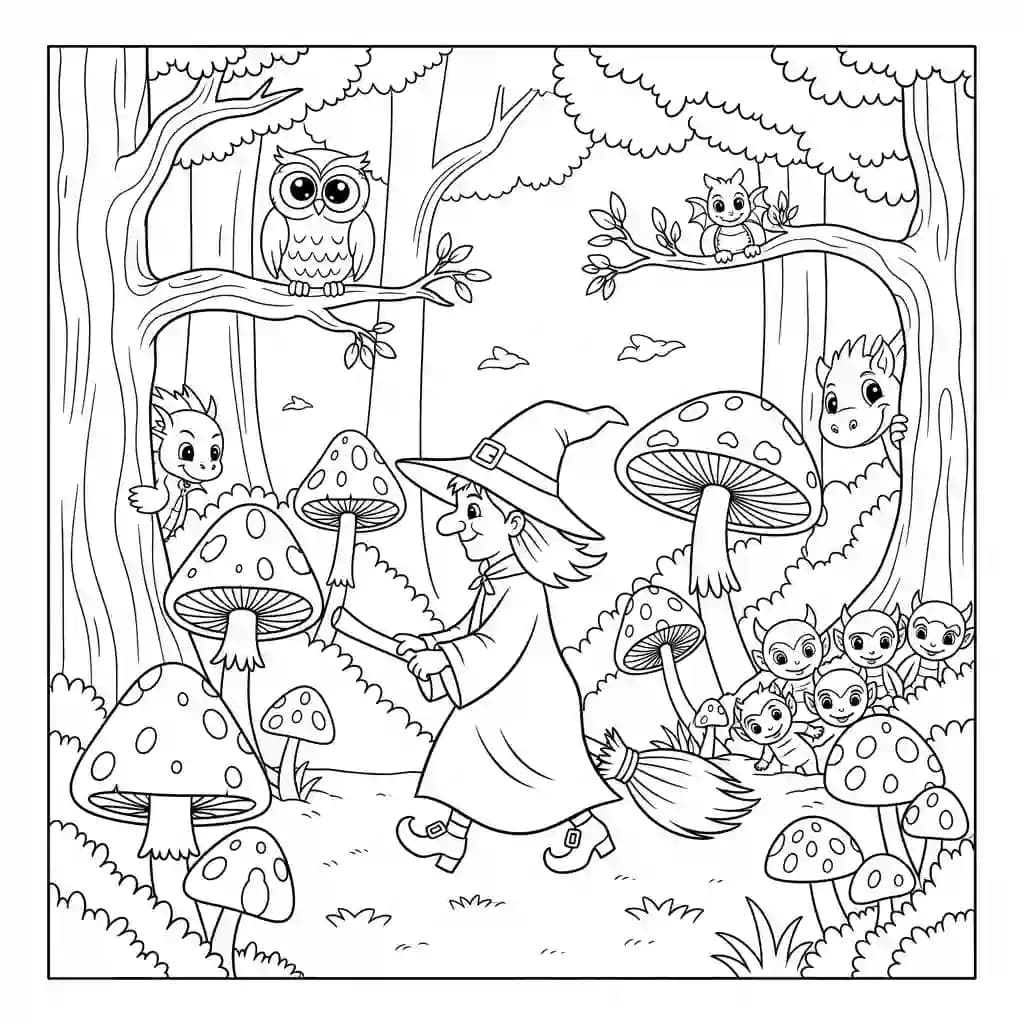 Bruxa caminhando por floresta encantada com cogumelos mágicos.