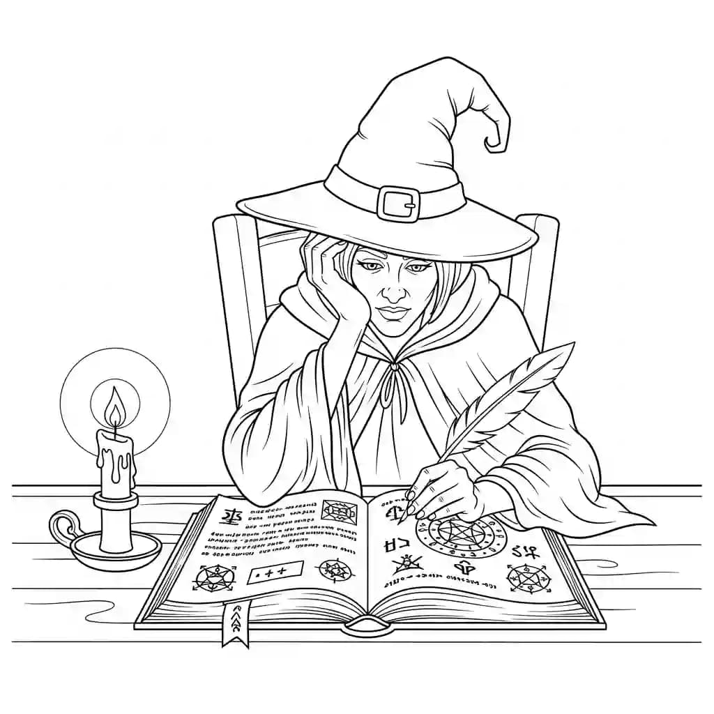 Bruxa lendo livro de feitiços à luz de velas.