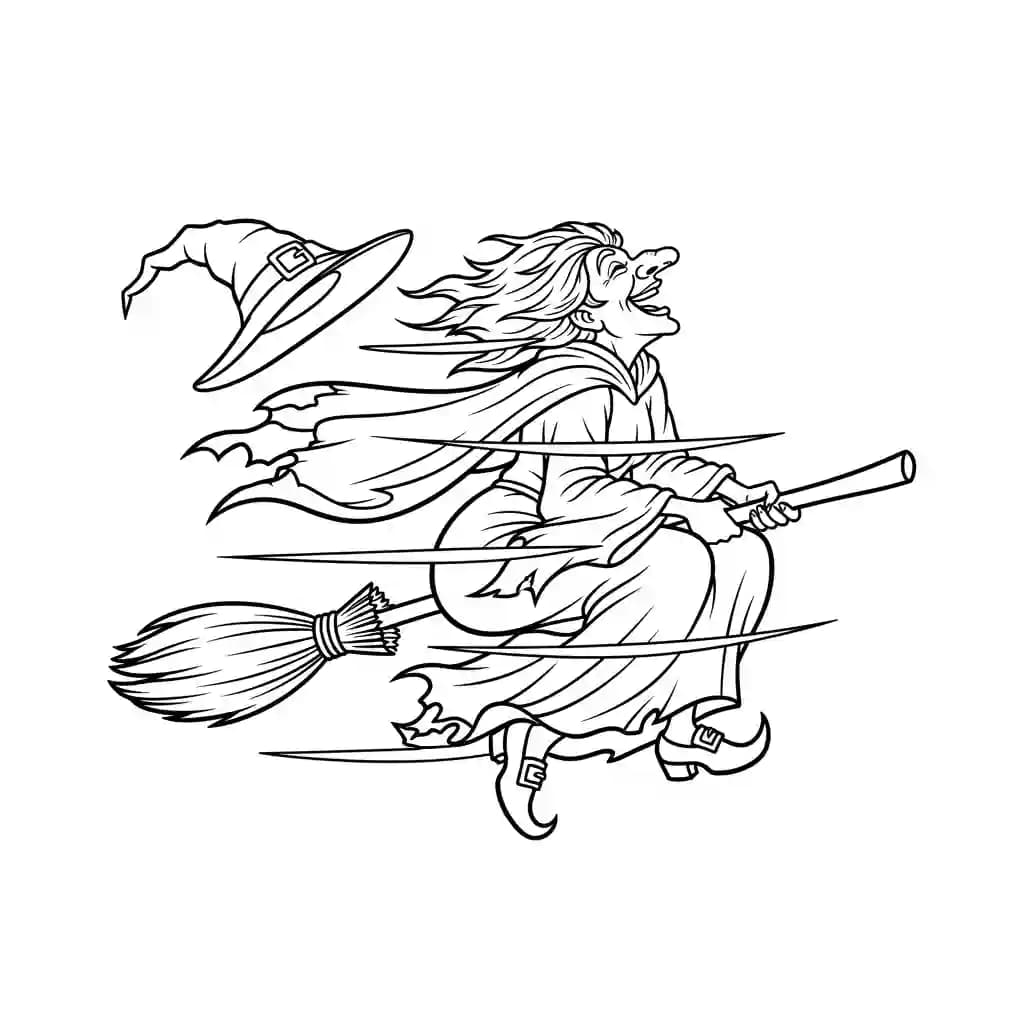 Bruxa rindo enquanto vento leva seu chapéu e vassoura.