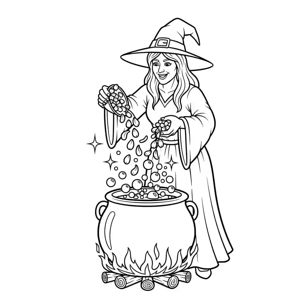 Bruxa preparando poção com pétalas de flores coloridas.