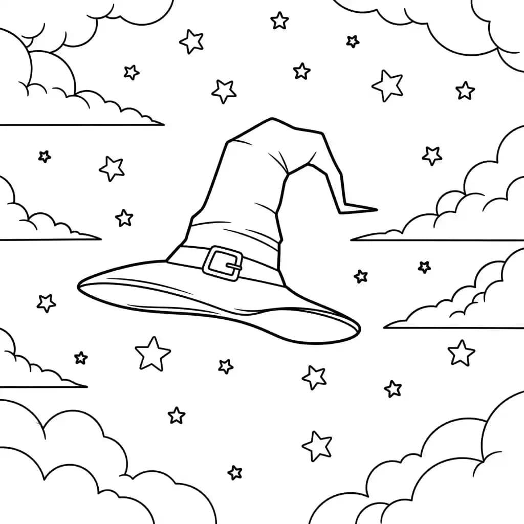 Chapéu de bruxa voando entre nuvens e estrelas.