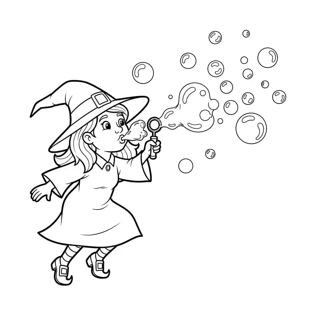 Bruxa soprando bolhas mágicas brilhantes no ar.