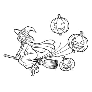 Bruxa voando com abóboras presas como balões.