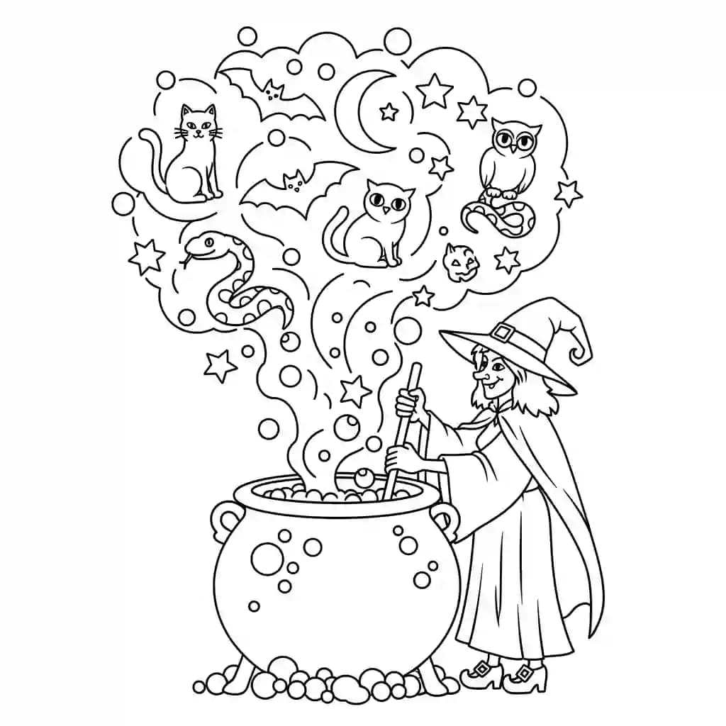 Bruxa mexendo caldeirão com fumaça formando animais mágicos.