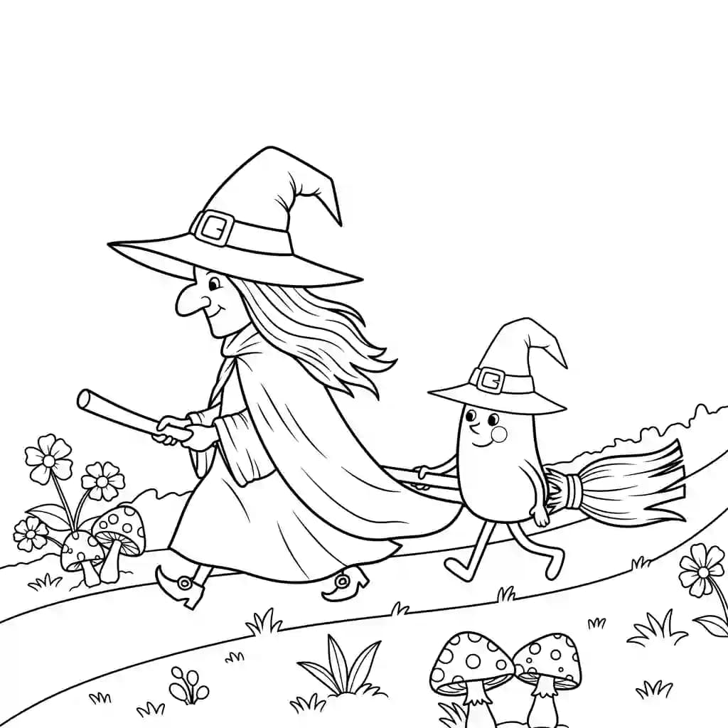 Bruxa caminhando com vassoura falante pela estrada.