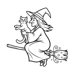 Bruxa ensinando seu gato a voar em uma pequena vassoura.