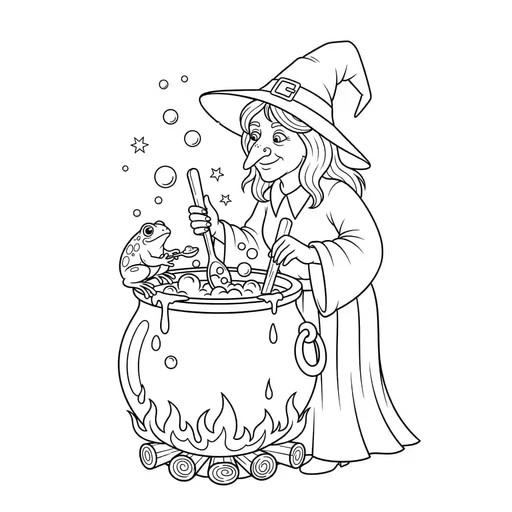 Bruxa e sapo preparando poção mágica juntos.