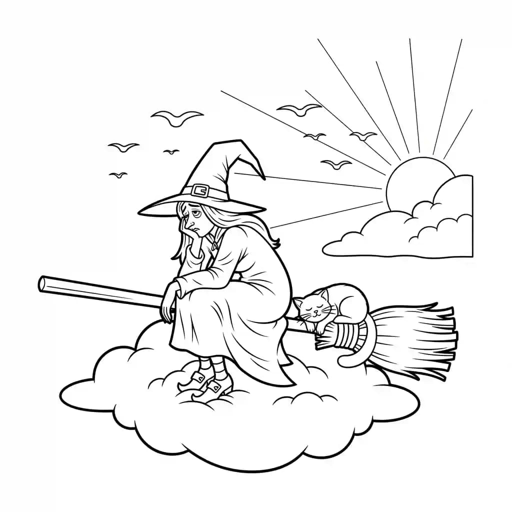 Bruxa observando o nascer do sol após longa noite de voo.