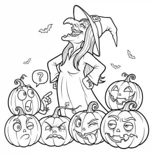 Bruxa cercada por abóboras falantes e sorridentes.