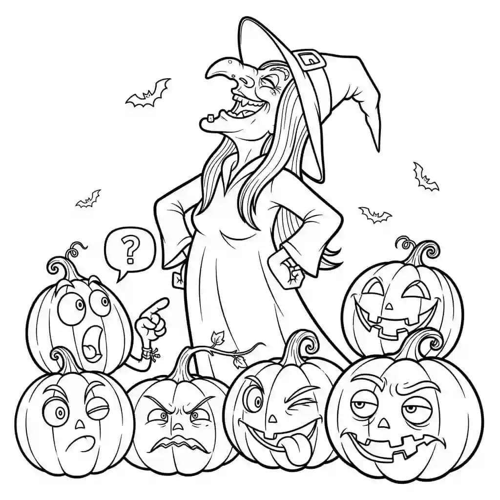 Bruxa cercada por abóboras falantes e sorridentes.