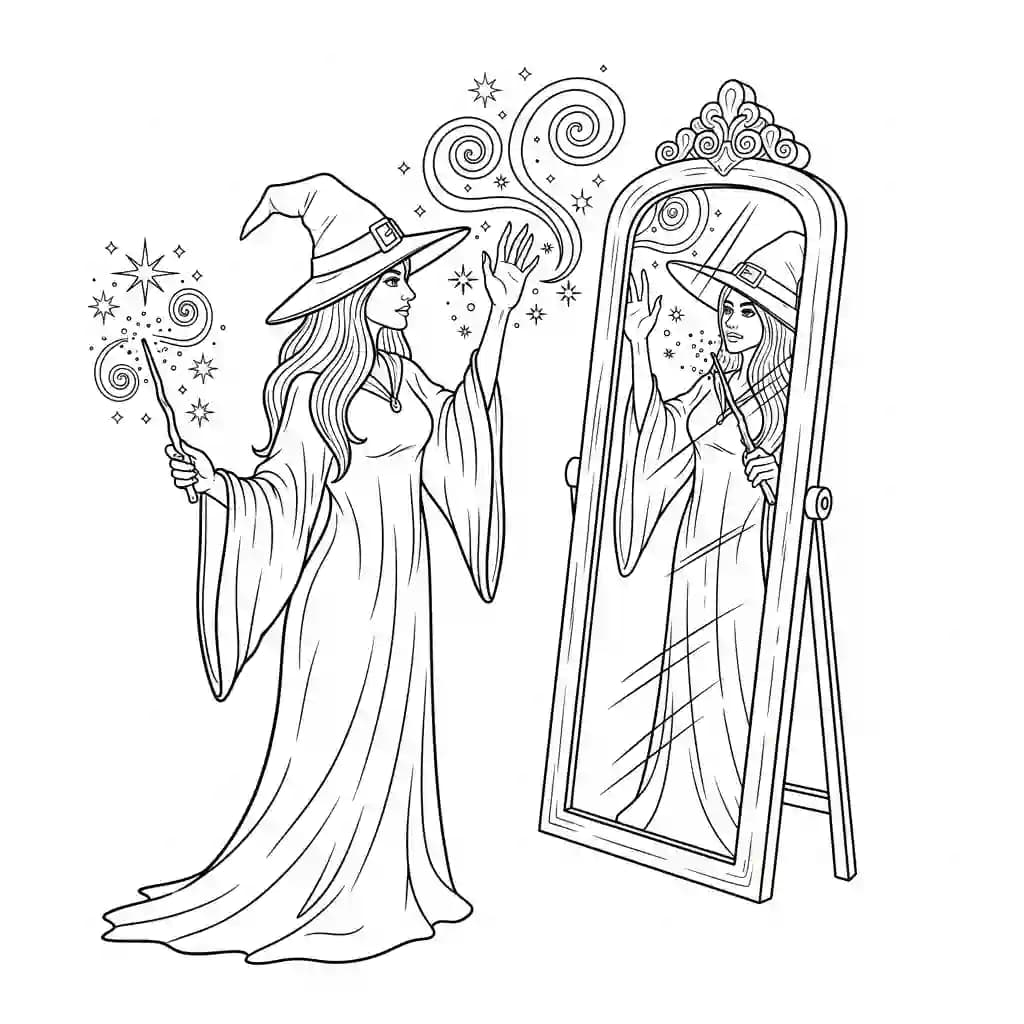 Bruxa praticando feitiços diante de espelho mágico.