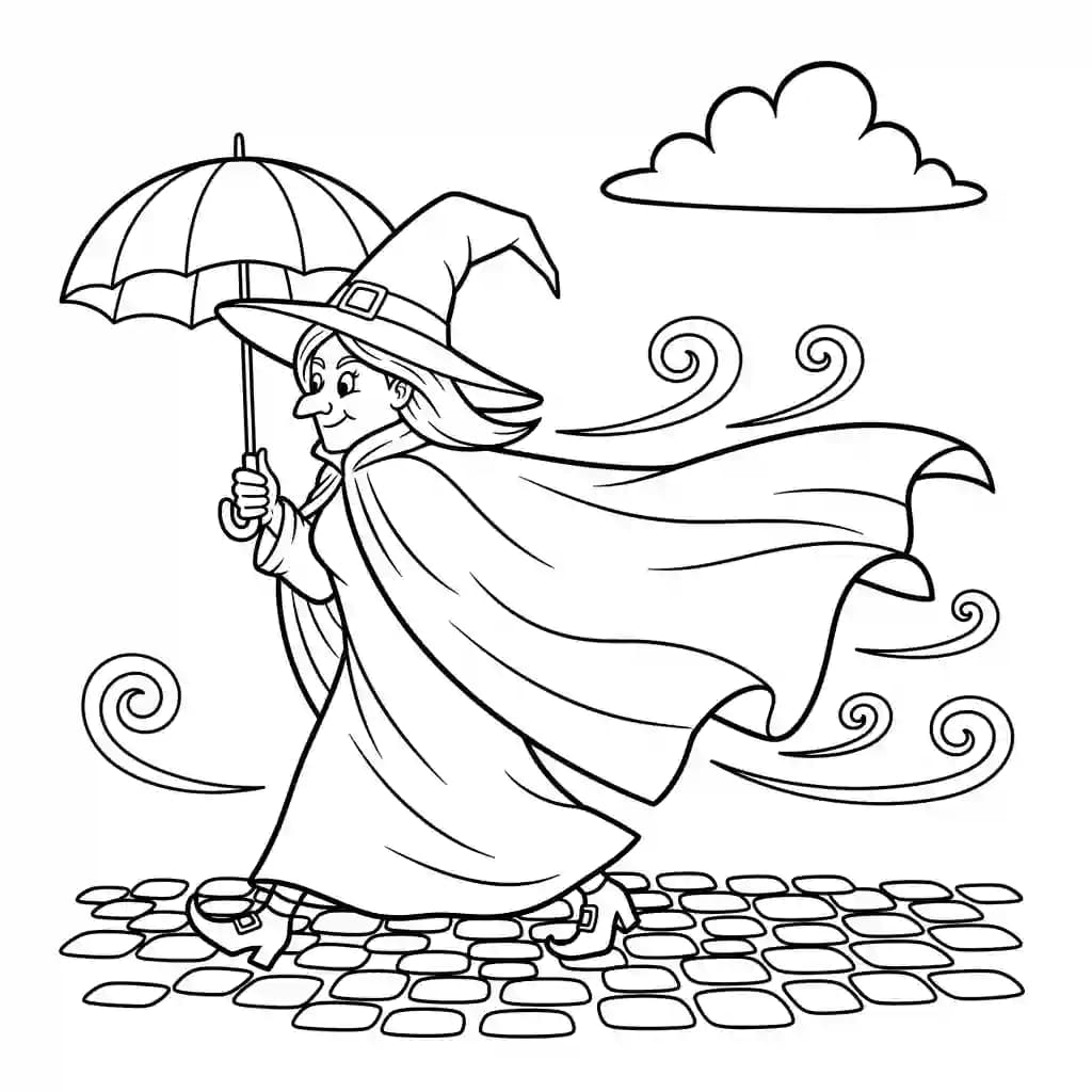 Bruxa caminhando na chuva com guarda-chuva e capa.