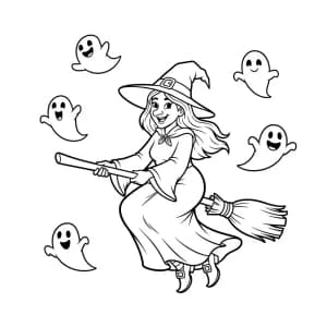 Bruxa cercada por fantasmas sorridentes e brincalhões.