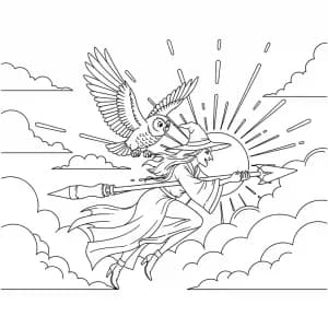 Bruxa e coruja voando juntas ao nascer do sol.